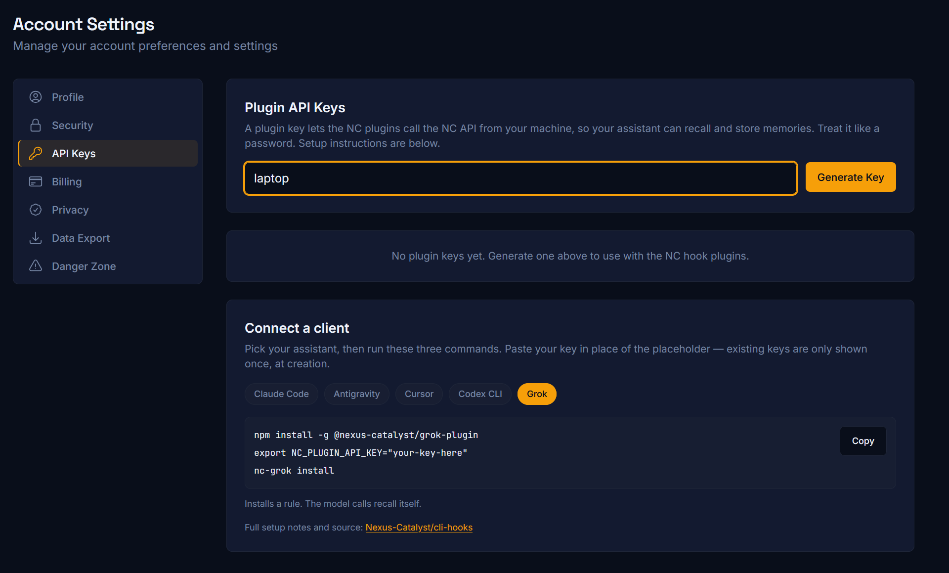 Nexus-Catalyst — Account Settings, API Keys tab