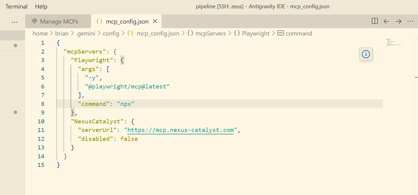 Antigravity — mcp_config.json showing the serverUrl key