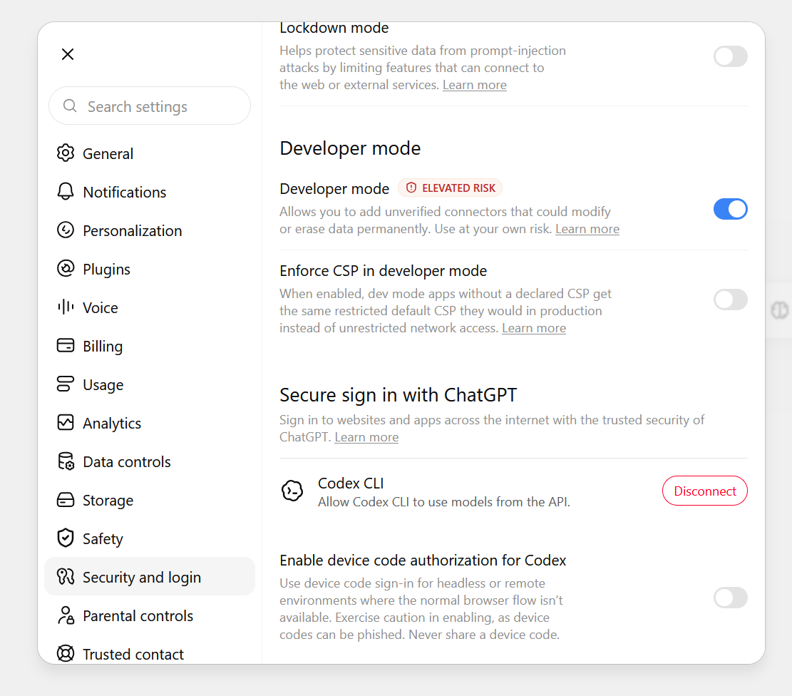 ChatGPT — Developer mode under Security and login