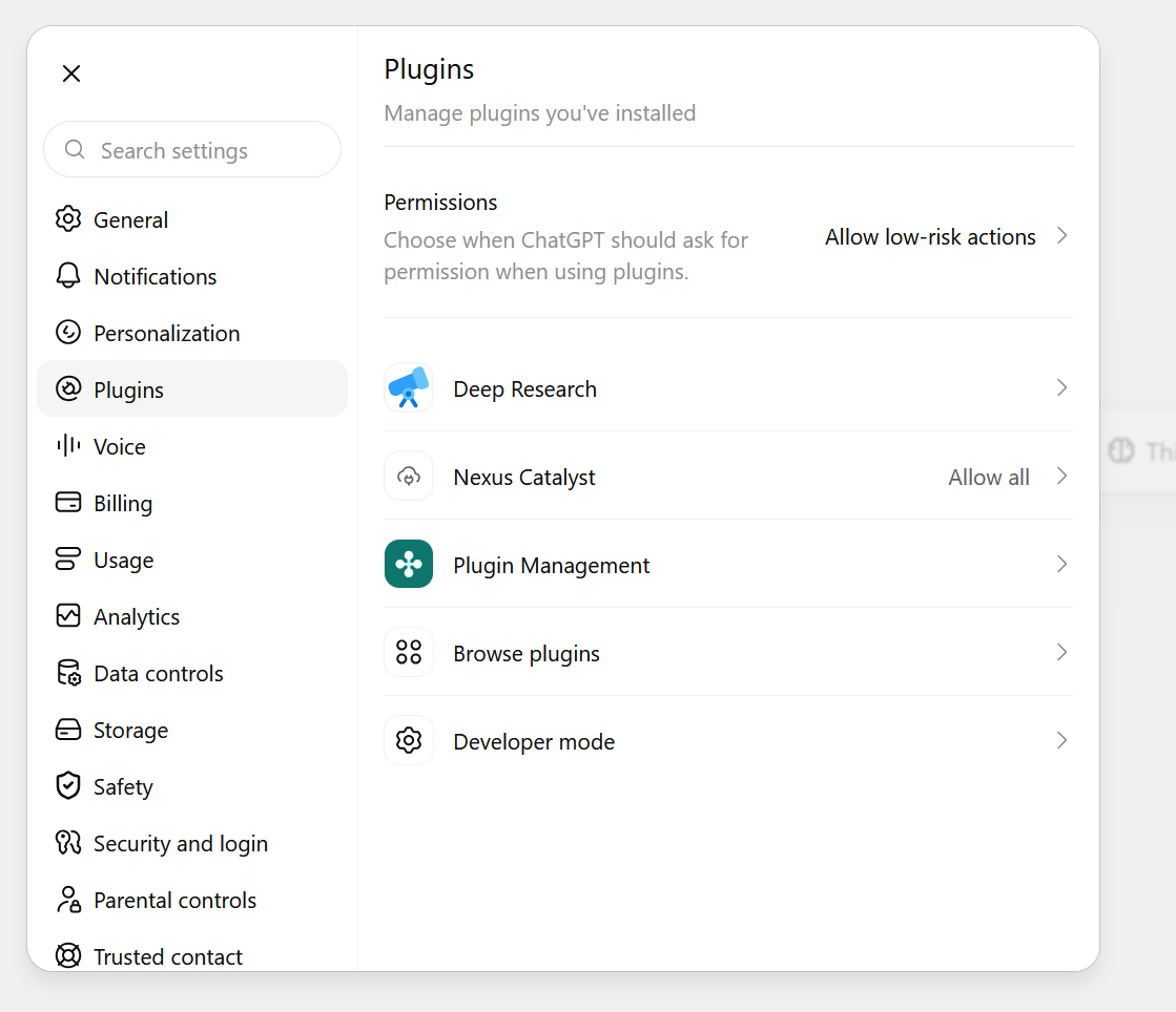 ChatGPT — Nexus Catalyst connected under Plugins