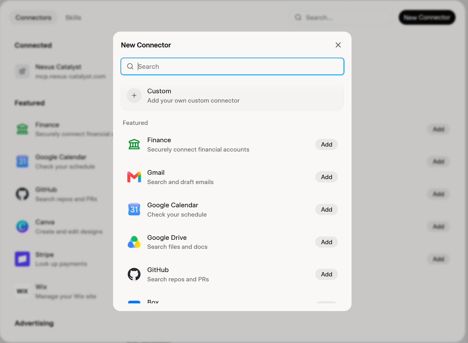Grok — New Connector dialog with Custom at the top