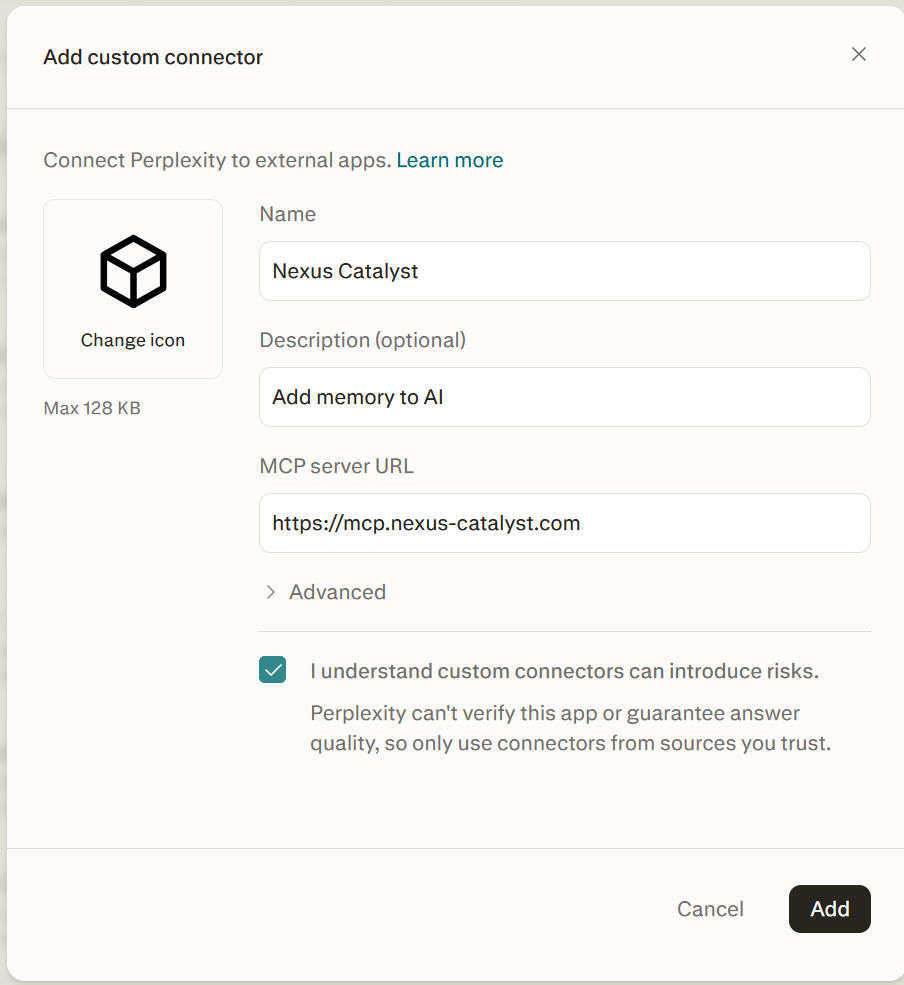 Perplexity — the Add custom connector dialog