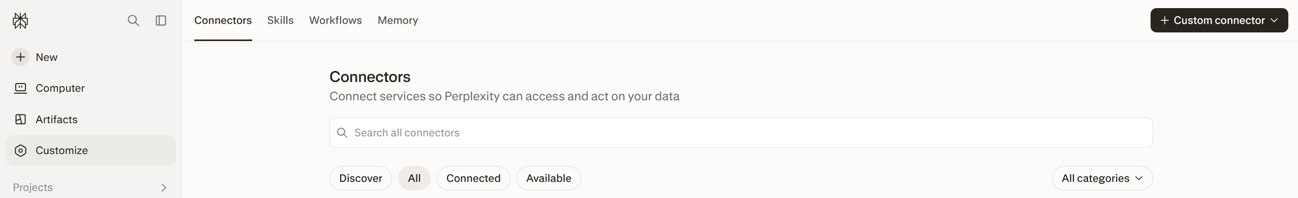 Perplexity — Customize, Connectors, and the Custom connector button